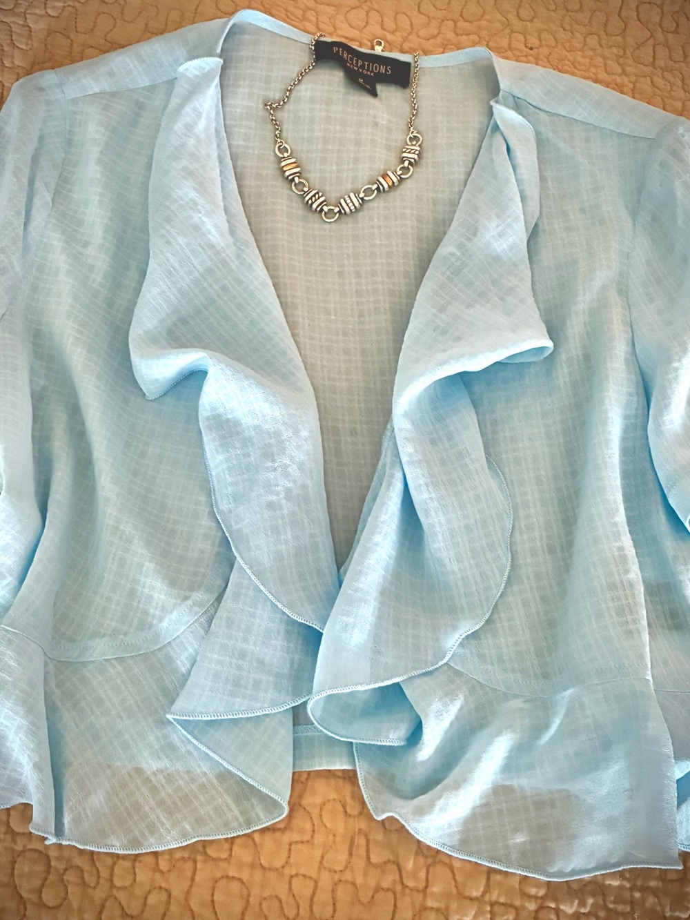 Perceptions Pale Blue Sheer Ruffle Cardigan Medium